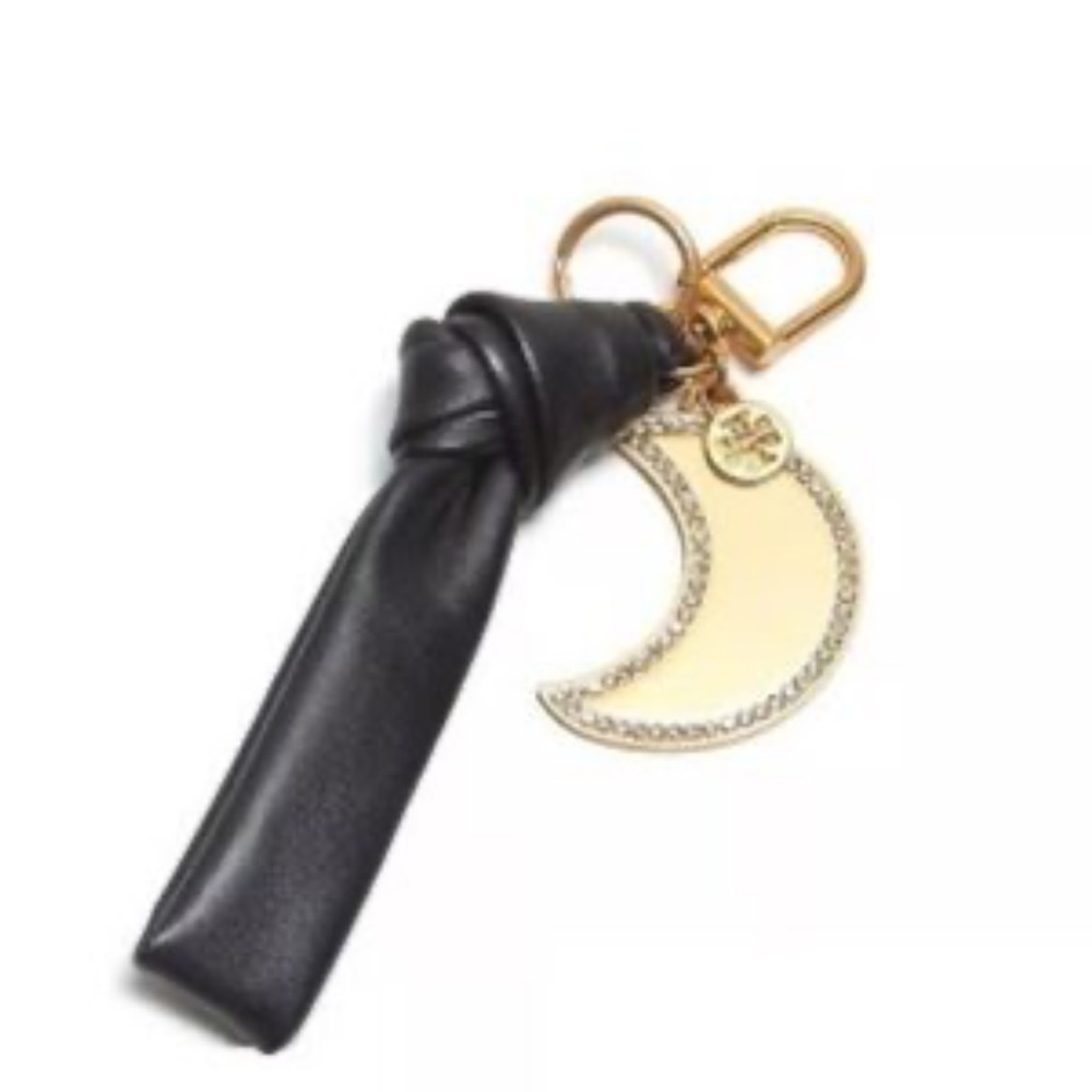 Tory Burch Black leather and Gold tone moon w/crystals Keychain/bag charm EUC!